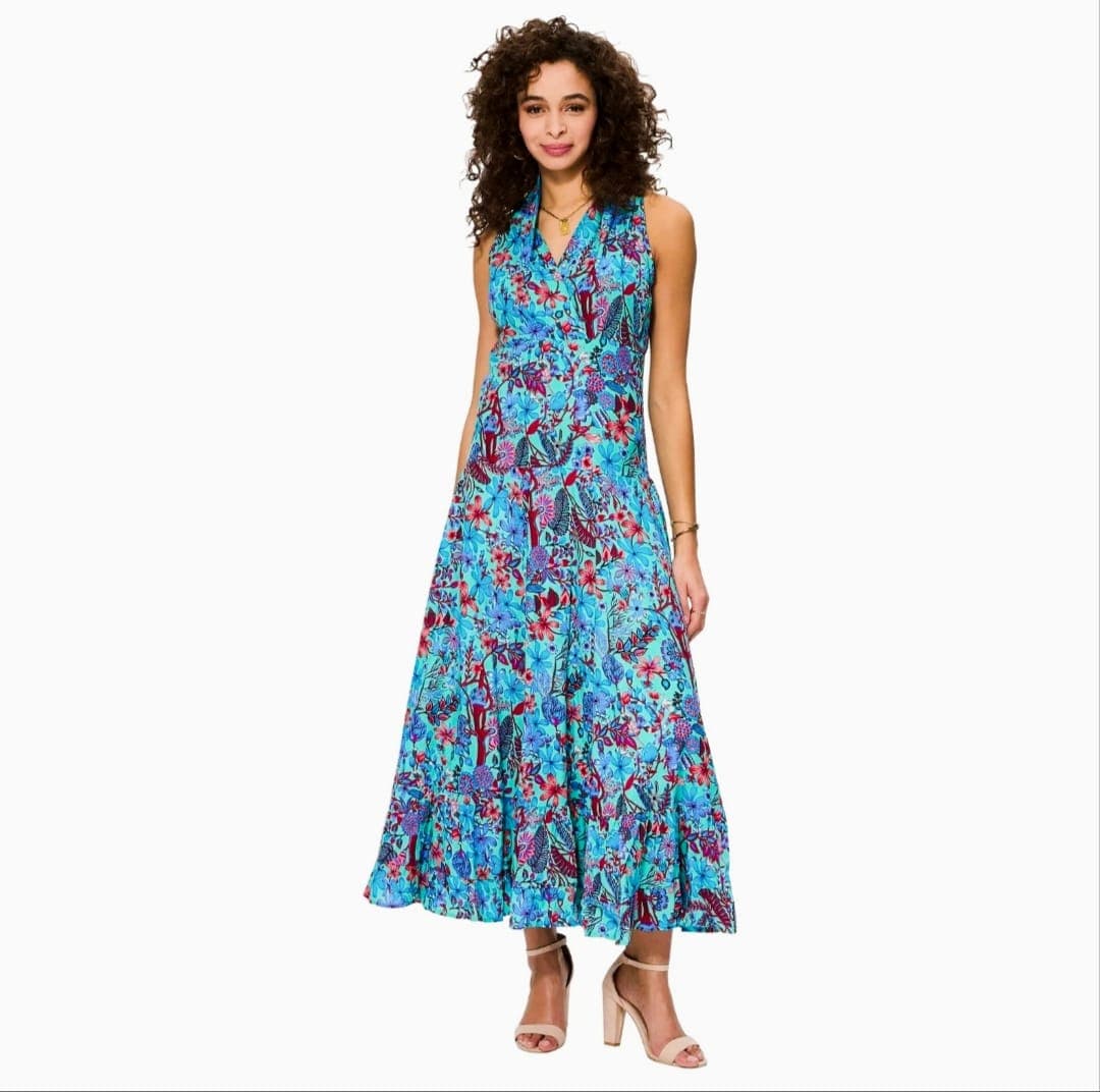 Robe d'été longue sans manches (floral turquoise)