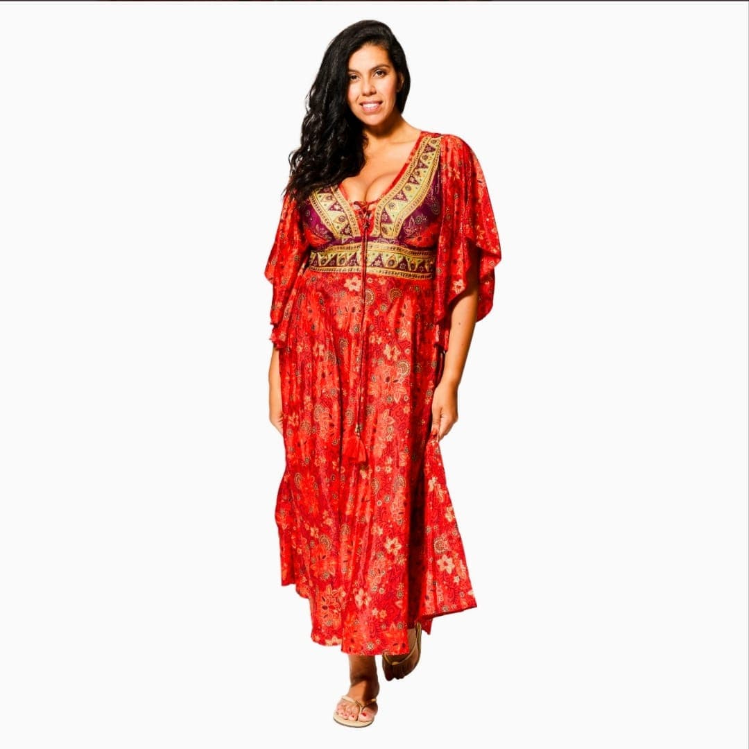 Robe d'été longue à manches courtes — grande taille (rouge/or)